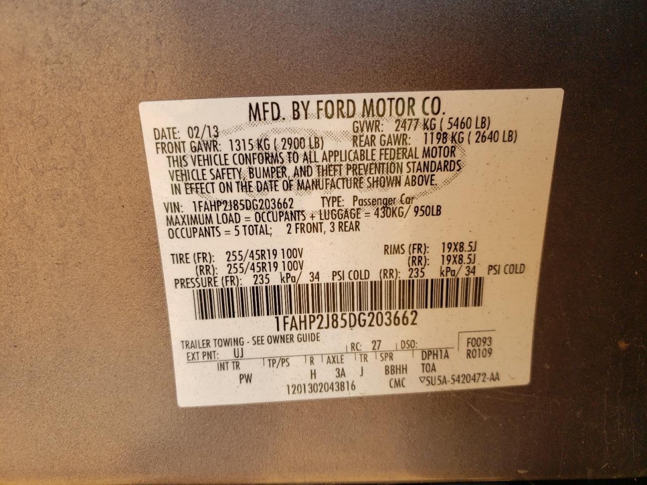 2013 Ford Taurus Limited VIN: 1FAHP2J85DG203662 Lot: 70814165