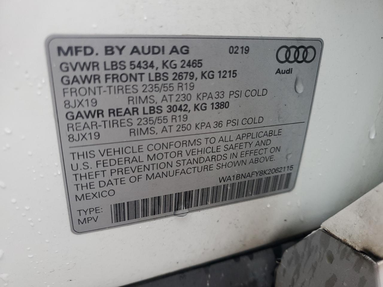 2019 Audi Q5 Premium Plus VIN: WA1BNAFY8K2062115 Lot: 71780415