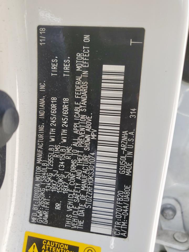 2019 Toyota Highlander Le VIN: 5TDZZRFH0KS301074 Lot: 80640475