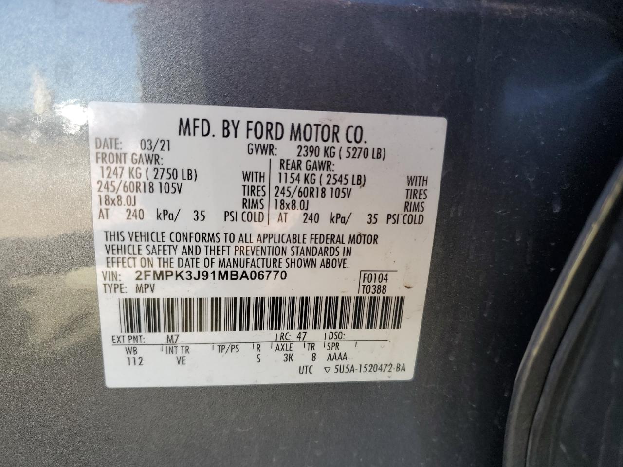 2021 Ford Edge Sel VIN: 2FMPK3J91MBA06770 Lot: 81780875