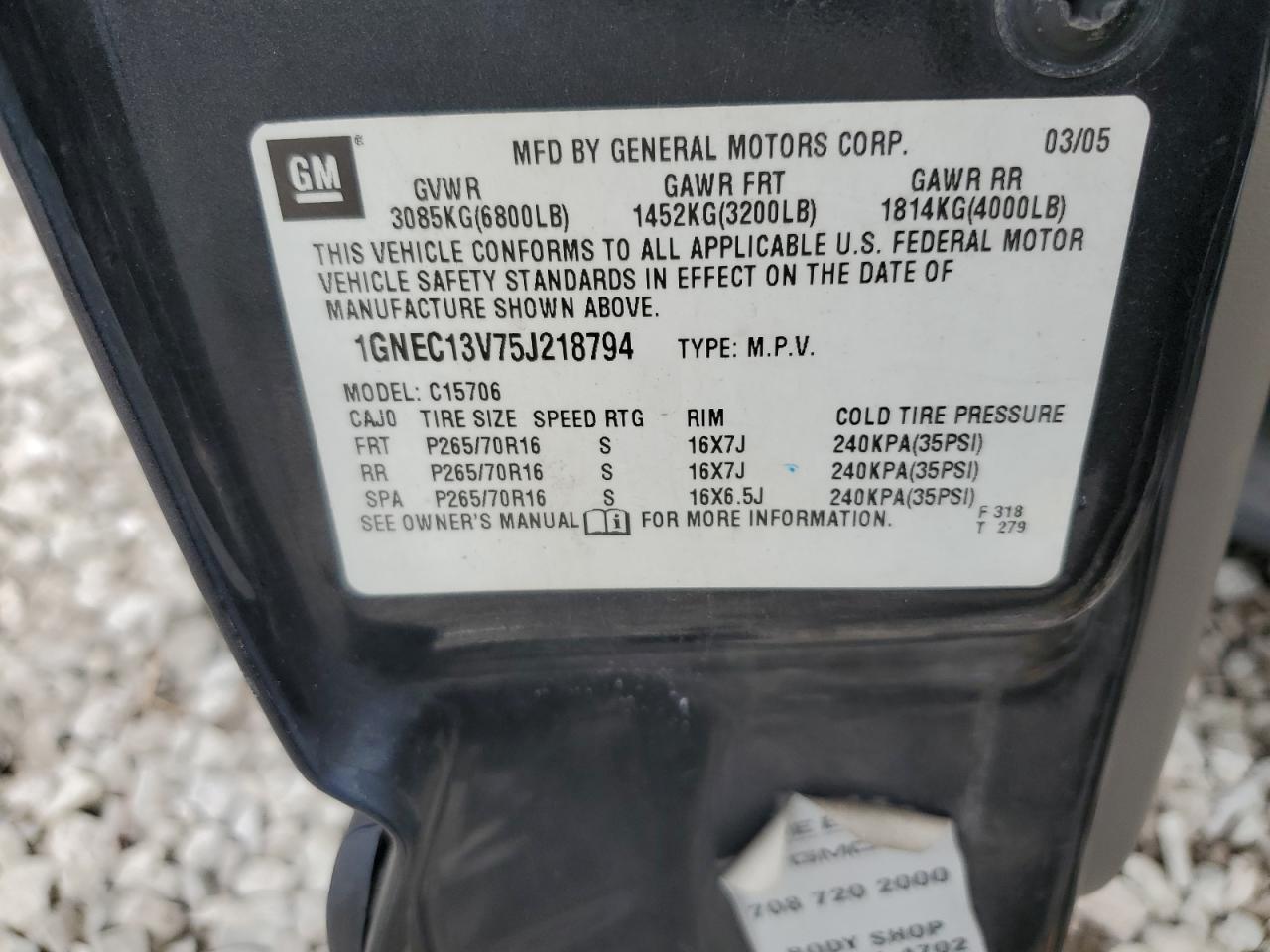 2005 Chevrolet Tahoe C1500 VIN: 1GNEC13V75J218794 Lot: 81283455