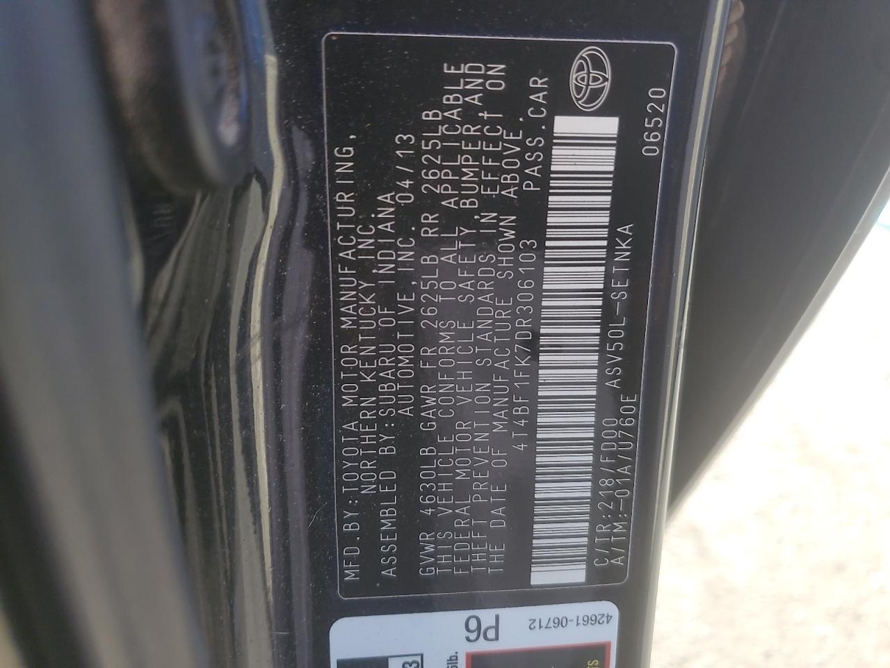 2013 Toyota Camry L VIN: 4T4BF1FK7DR306103 Lot: 84034955