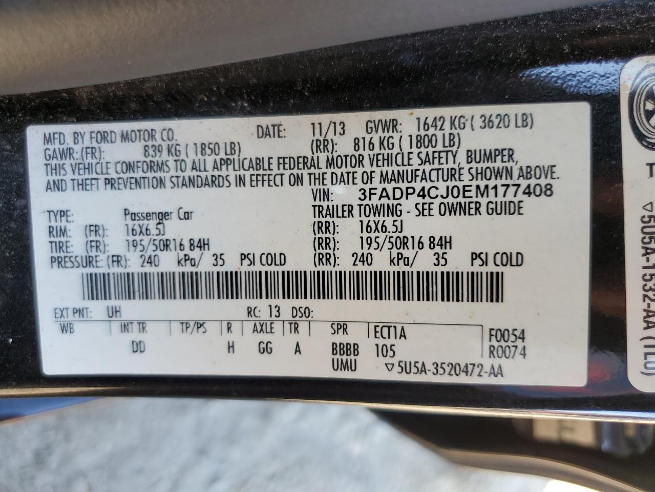 2014 Ford Fiesta Titanium VIN: 3FADP4CJ0EM177408 Lot: 71165415