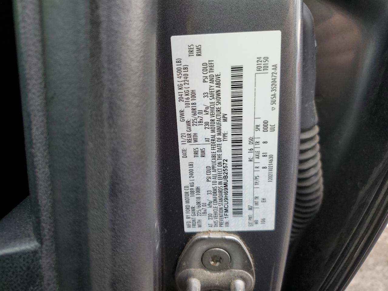 2021 Ford Escape Sel VIN: 1FMCU9H69MUB25572 Lot: 71223005