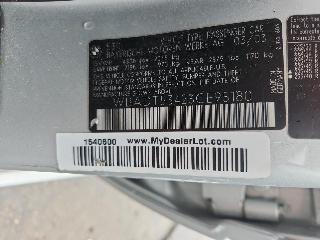 2003 BMW 530 I VIN: WBADT53423CE95180 Lot: 82159605