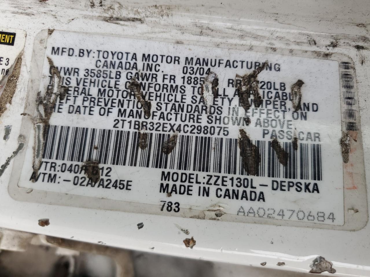 2004 Toyota Corolla Ce VIN: 2T1BR32EX4C298075 Lot: 81384515