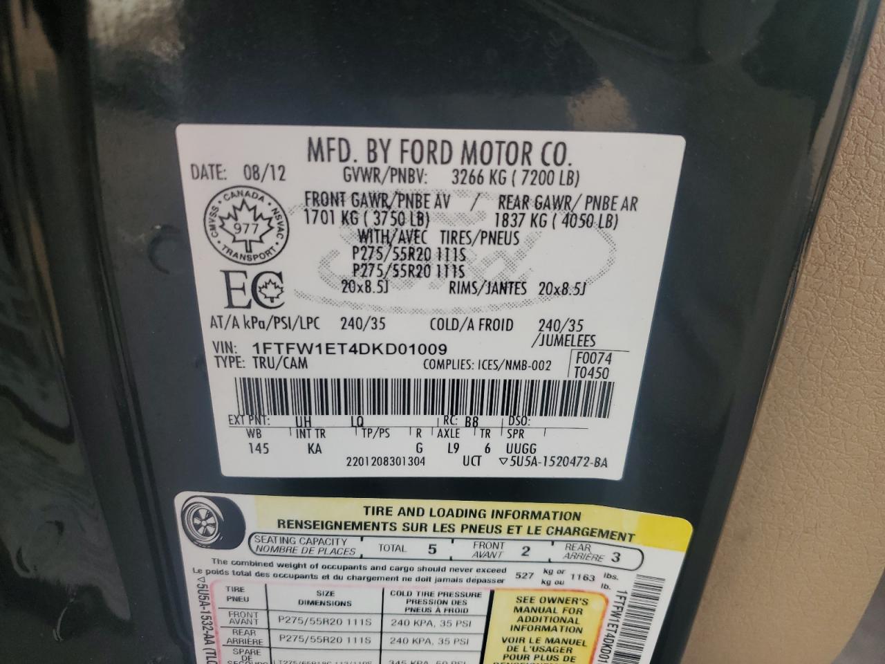 2013 Ford F150 Supercrew VIN: 1FTFW1ET4DKD01009 Lot: 84396425