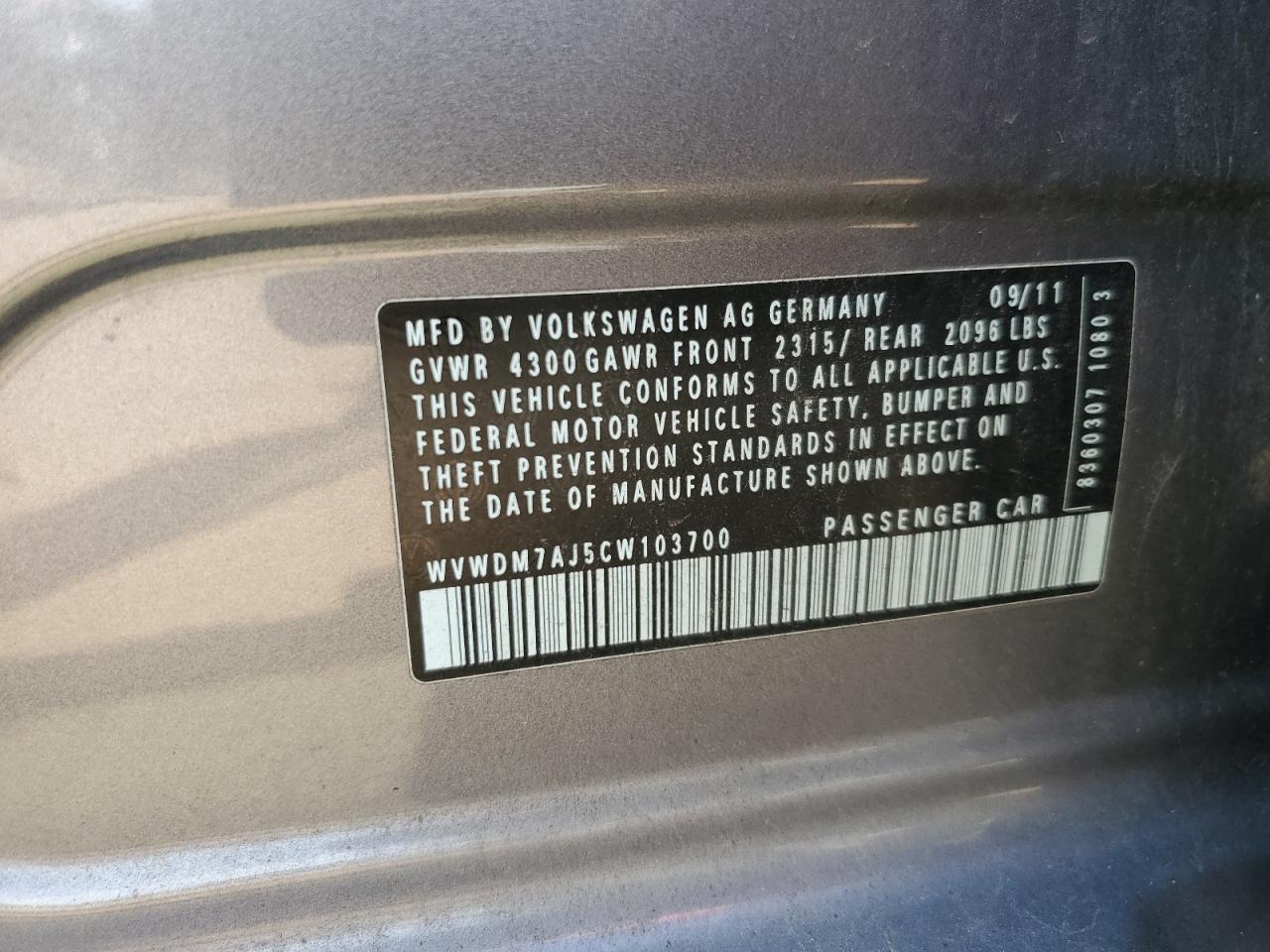 2012 Volkswagen Golf VIN: WVWDM7AJ5CW103700 Lot: 80196115