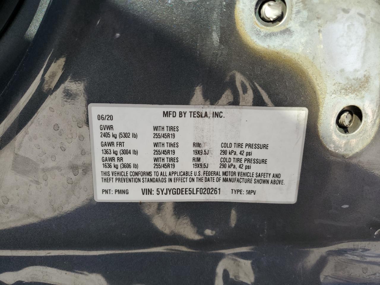 2020 Tesla Model Y VIN: 5YJYGDEE5LF020261 Lot: 70729315