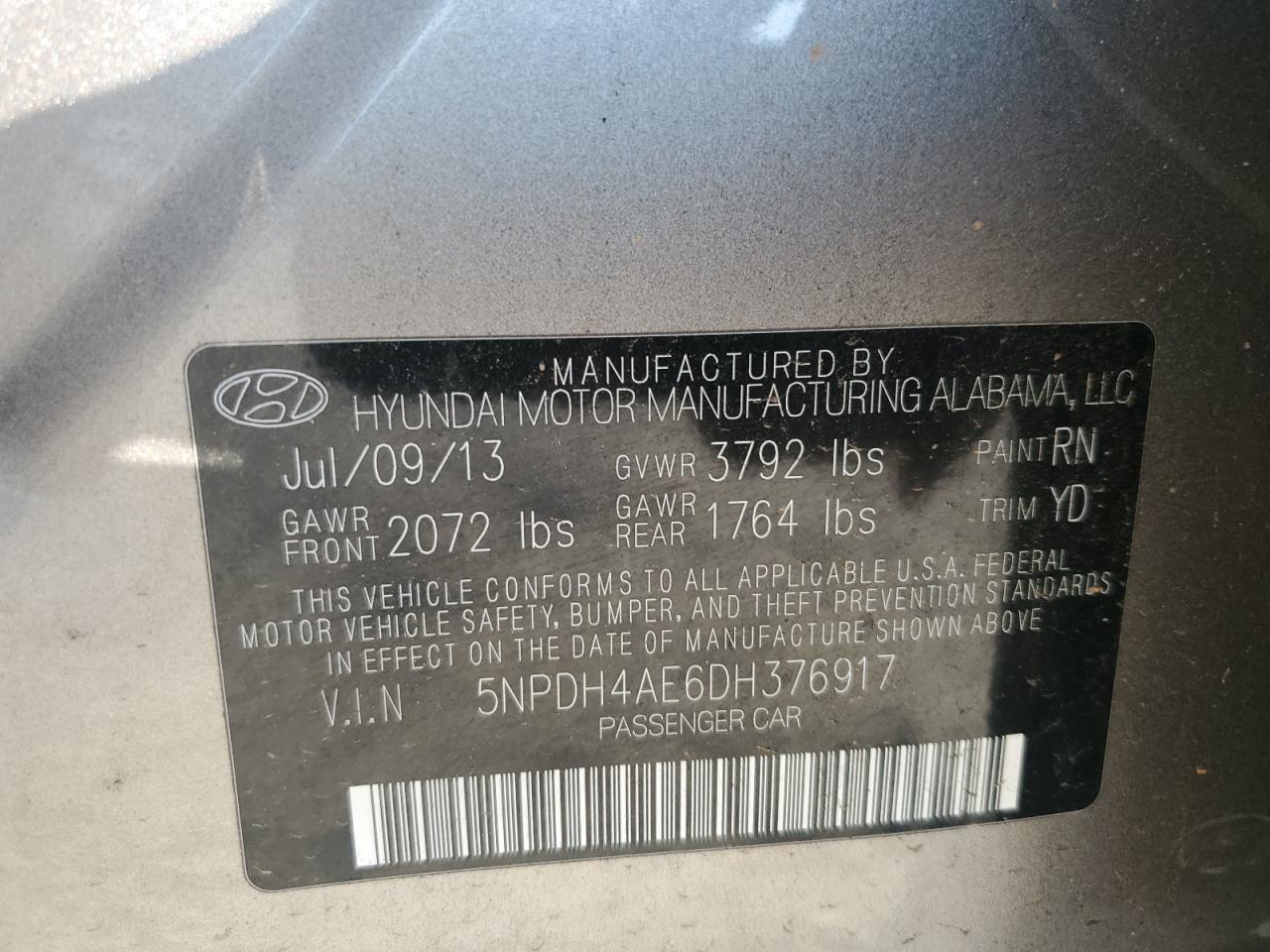 2013 Hyundai Elantra Gls VIN: 5NPDH4AE6DH376917 Lot: 81488355