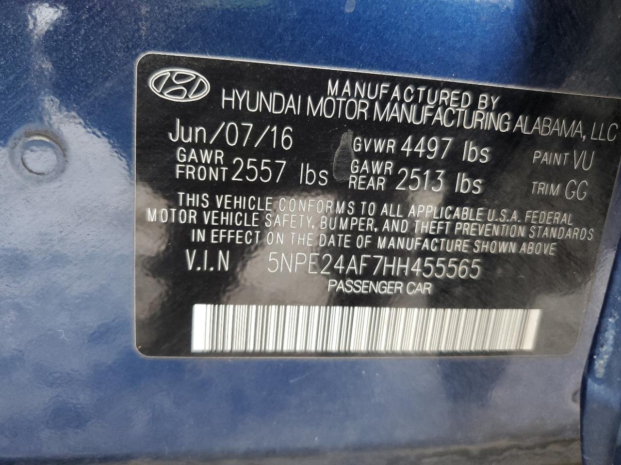 2017 Hyundai Sonata Se VIN: 5NPE24AF7HH455565 Lot: 80130795