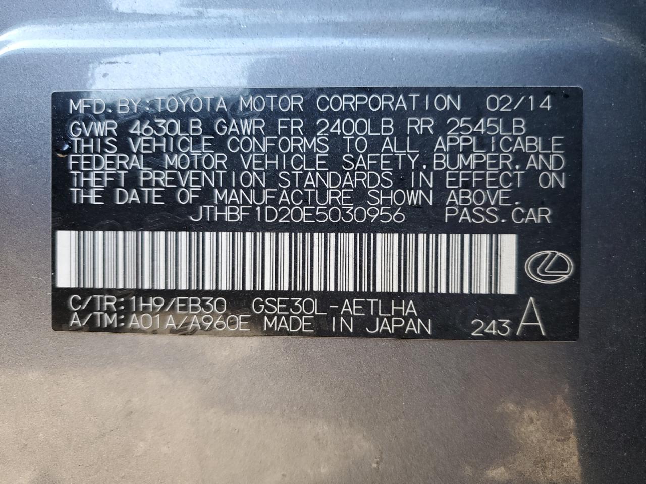 2014 Lexus Is 250 VIN: JTHBF1D20E5030956 Lot: 80028095