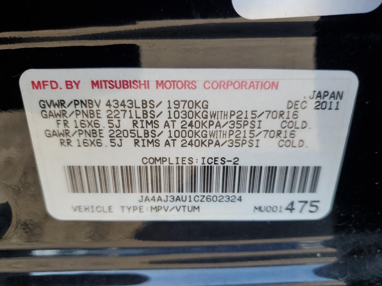 2012 Mitsubishi Rvr Se VIN: JA4AJ3AU1CZ602324 Lot: 80204855