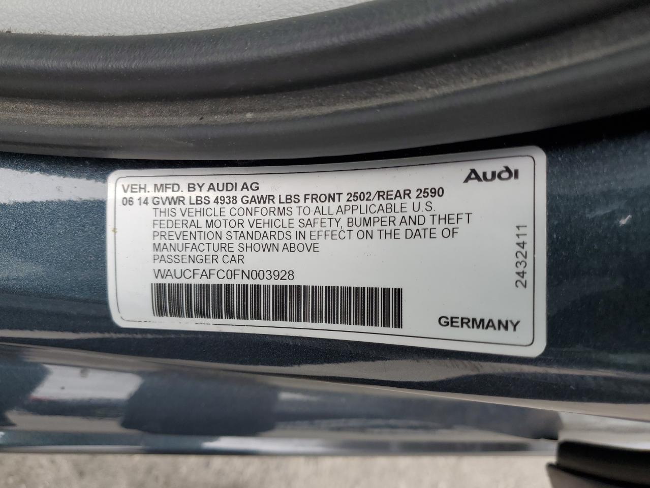 2015 Audi A6 Premium VIN: WAUCFAFC0FN003928 Lot: 83975195