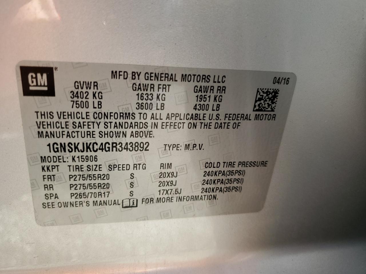 2016 Chevrolet Suburban K1500 Ltz VIN: 1GNSKJKC4GR343892 Lot: 70691725