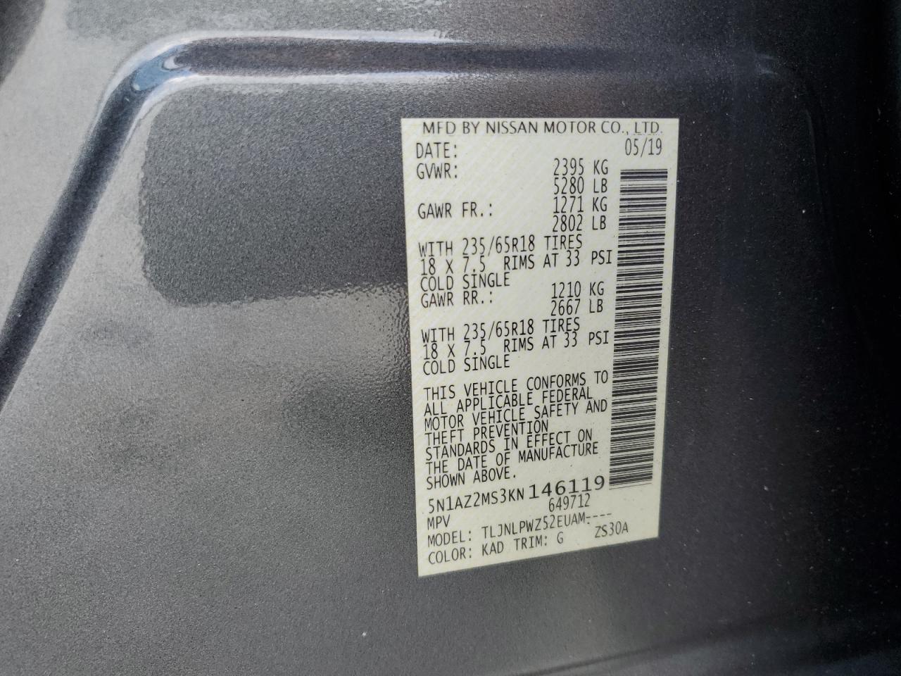 2019 Nissan Murano S VIN: 5N1AZ2MS3KN146119 Lot: 81519075