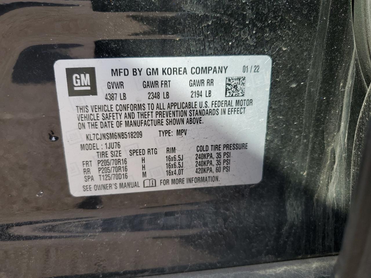 2022 Chevrolet Trax Ls VIN: KL7CJNSM6NB518209 Lot: 80723505