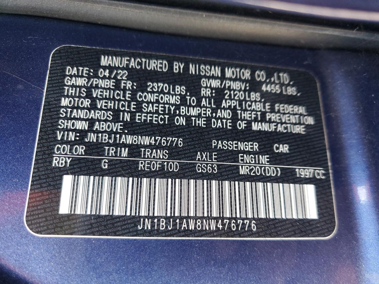 2022 Nissan Rogue Sport S VIN: JN1BJ1AW8NW476776 Lot: 81347245