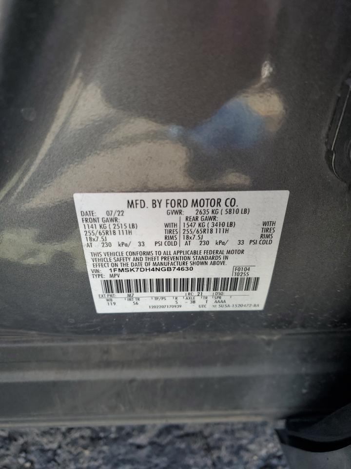 2022 Ford Explorer Xlt VIN: 1FMSK7DH4NGB74630 Lot: 84053235