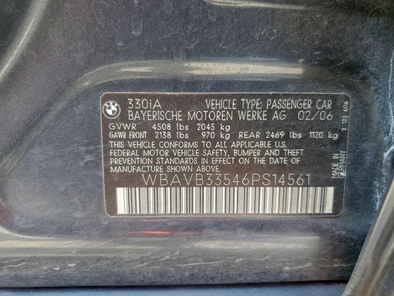 2006 BMW 330 I VIN: WBAVB33546PS14561 Lot: 80966275