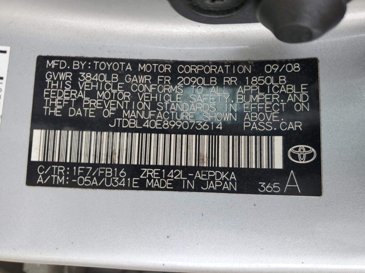 2009 Toyota Corolla Base VIN: JTDBL40E899073614 Lot: 80493495