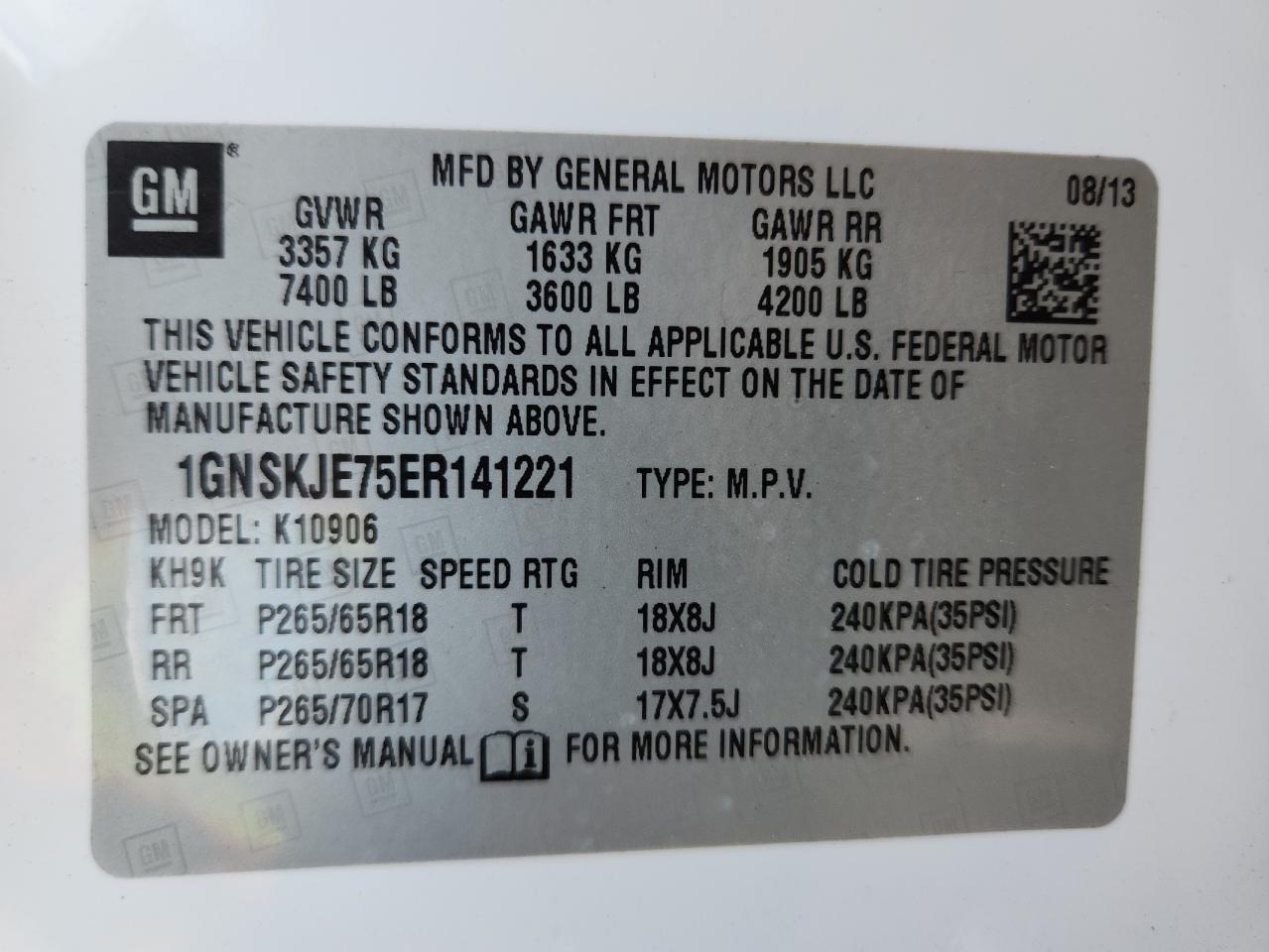 2014 Chevrolet Suburban K1500 Lt VIN: 1GNSKJE75ER141221 Lot: 71157495