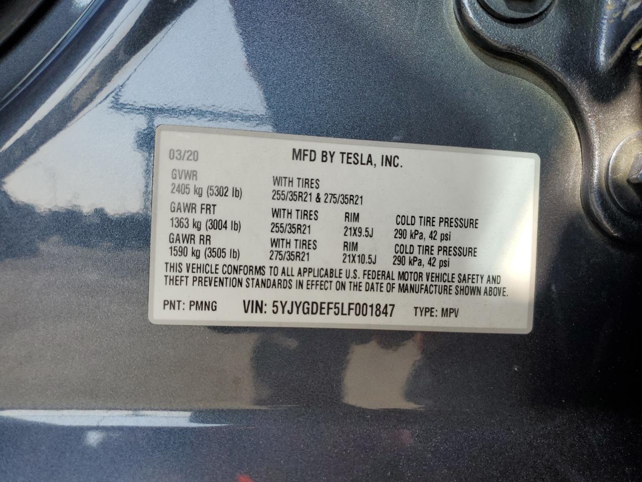 2020 Tesla Model Y VIN: 5YJYGDEF5LF001847 Lot: 81020565