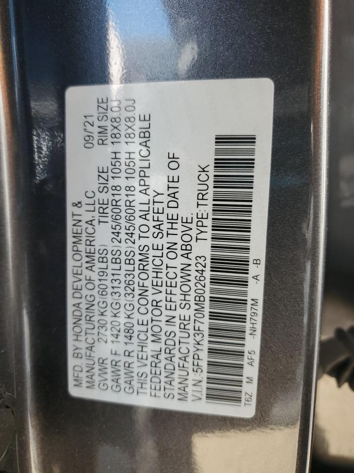 2021 Honda Ridgeline Rtl VIN: 5FPYK3F70MB026423 Lot: 72039335