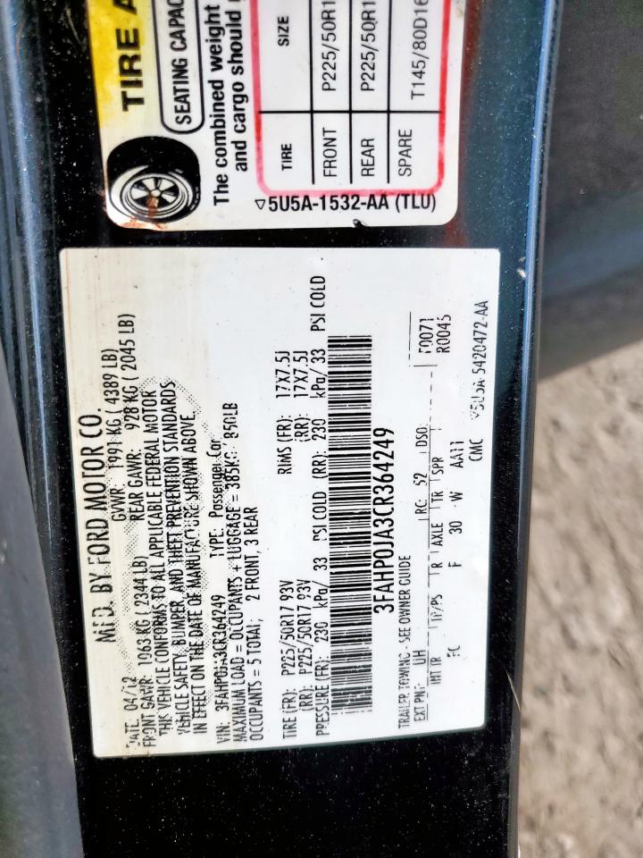 2012 Ford Fusion Sel VIN: 3FAHP0JA3CR364249 Lot: 83960625