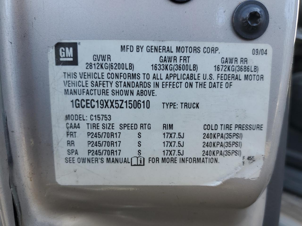 2005 Chevrolet Silverado C1500 VIN: 1GCEC19XX5Z150610 Lot: 81706125