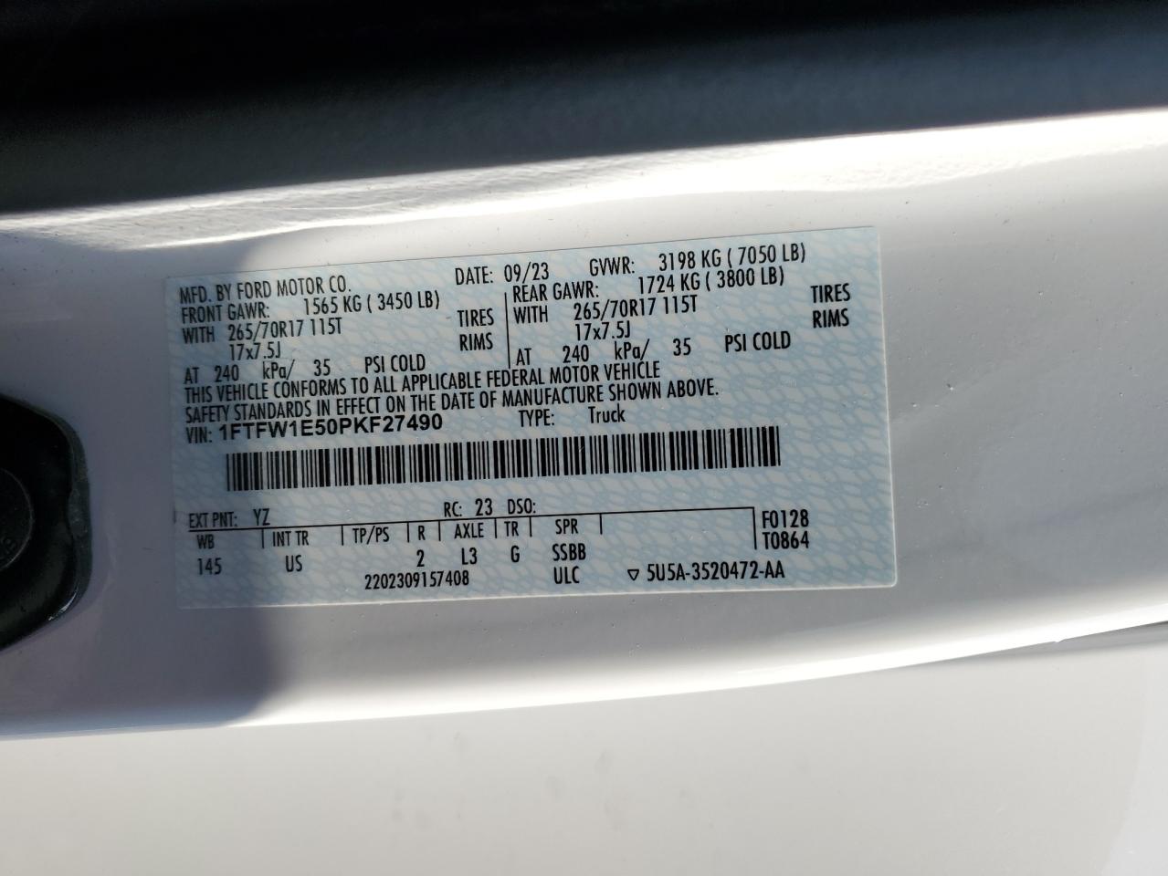 2023 Ford F150 Supercrew VIN: 1FTFW1E50PKF27490 Lot: 68355765