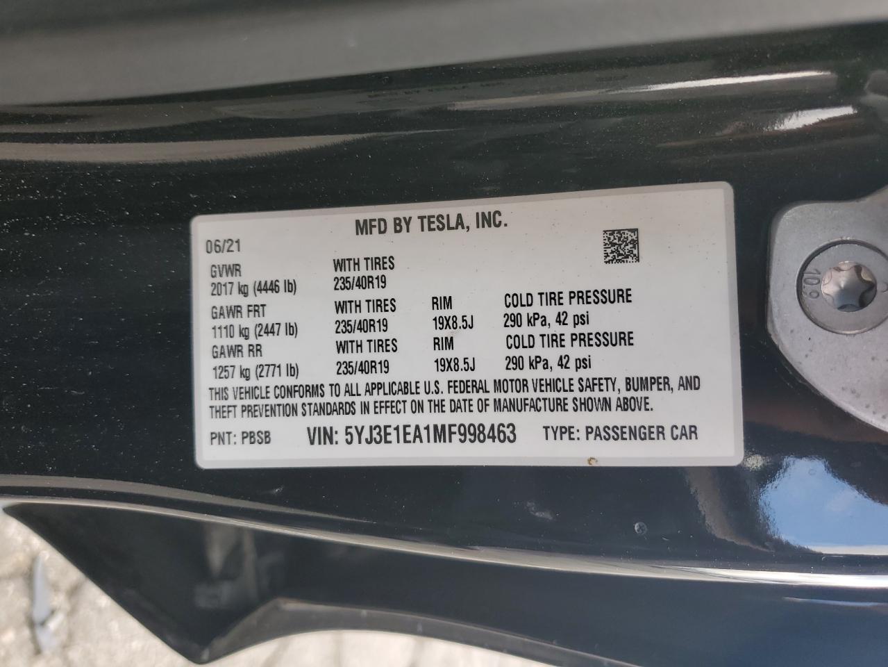 2021 Tesla Model 3 VIN: 5YJ3E1EA1MF998463 Lot: 84453015