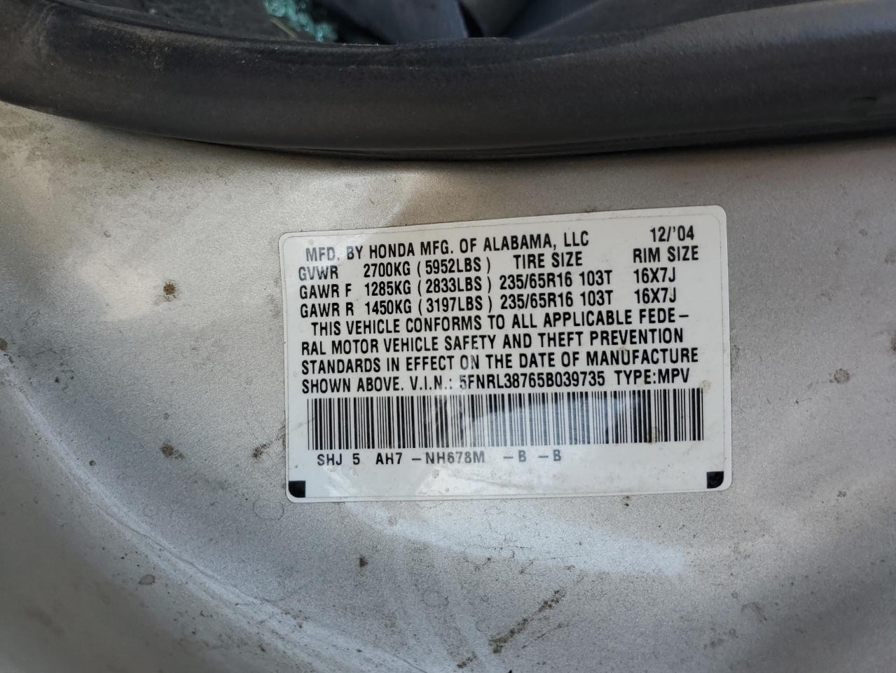 2005 Honda Odyssey Exl VIN: 5FNRL38765B039735 Lot: 80193095