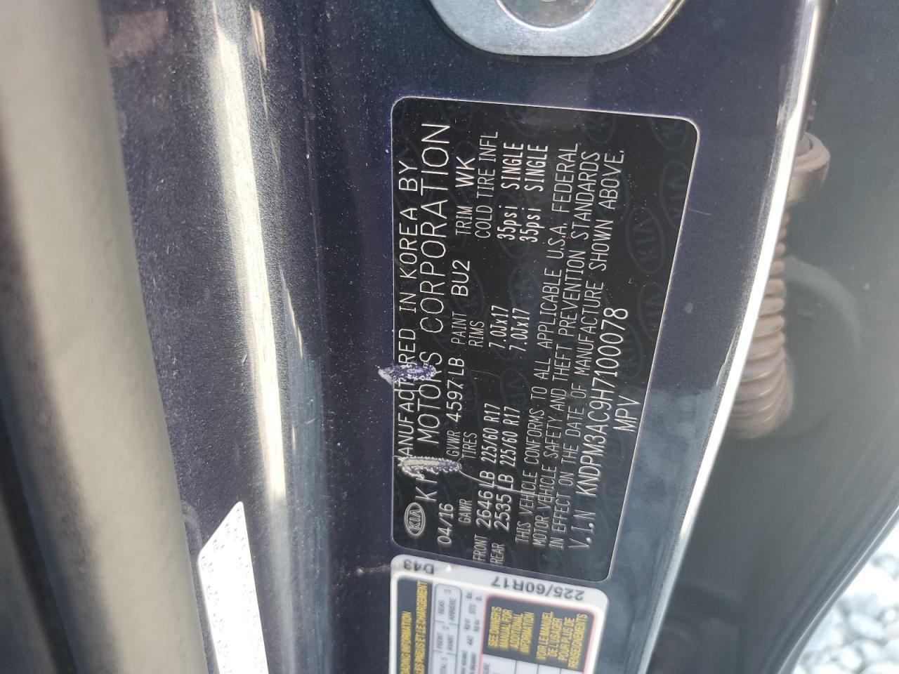 2017 Kia Sportage Lx VIN: KNDPM3AC9H7100078 Lot: 85485085