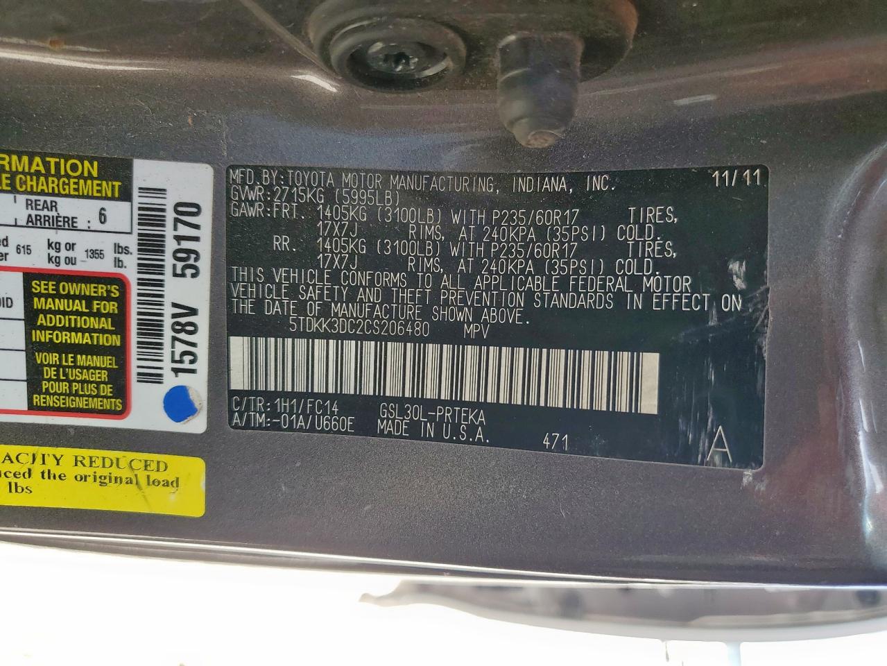 2012 Toyota Sienna Le VIN: 5TDKK3DC2CS206480 Lot: 84637565