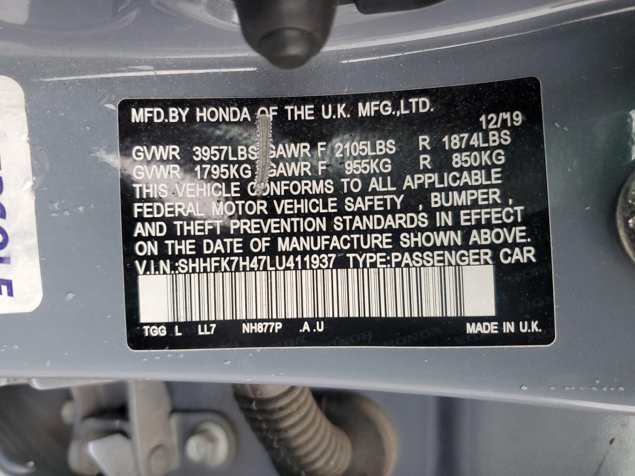 2020 Honda Civic Sport VIN: SHHFK7H47LU411937 Lot: 83873765