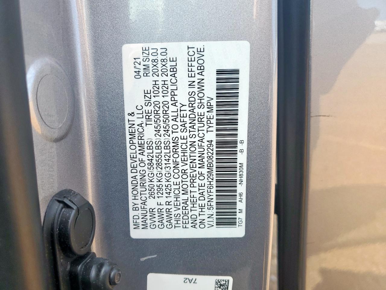 2021 Honda Pilot Se VIN: 5FNYF6H29MB082294 Lot: 71696795