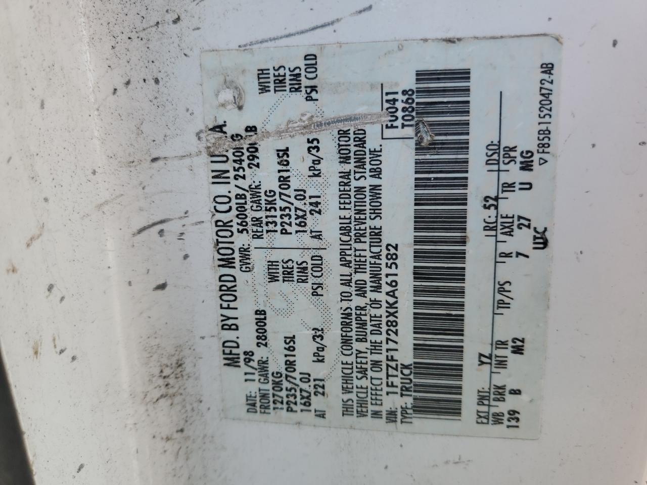 1999 Ford F150 VIN: 1FTZF1728XKA61582 Lot: 80295045