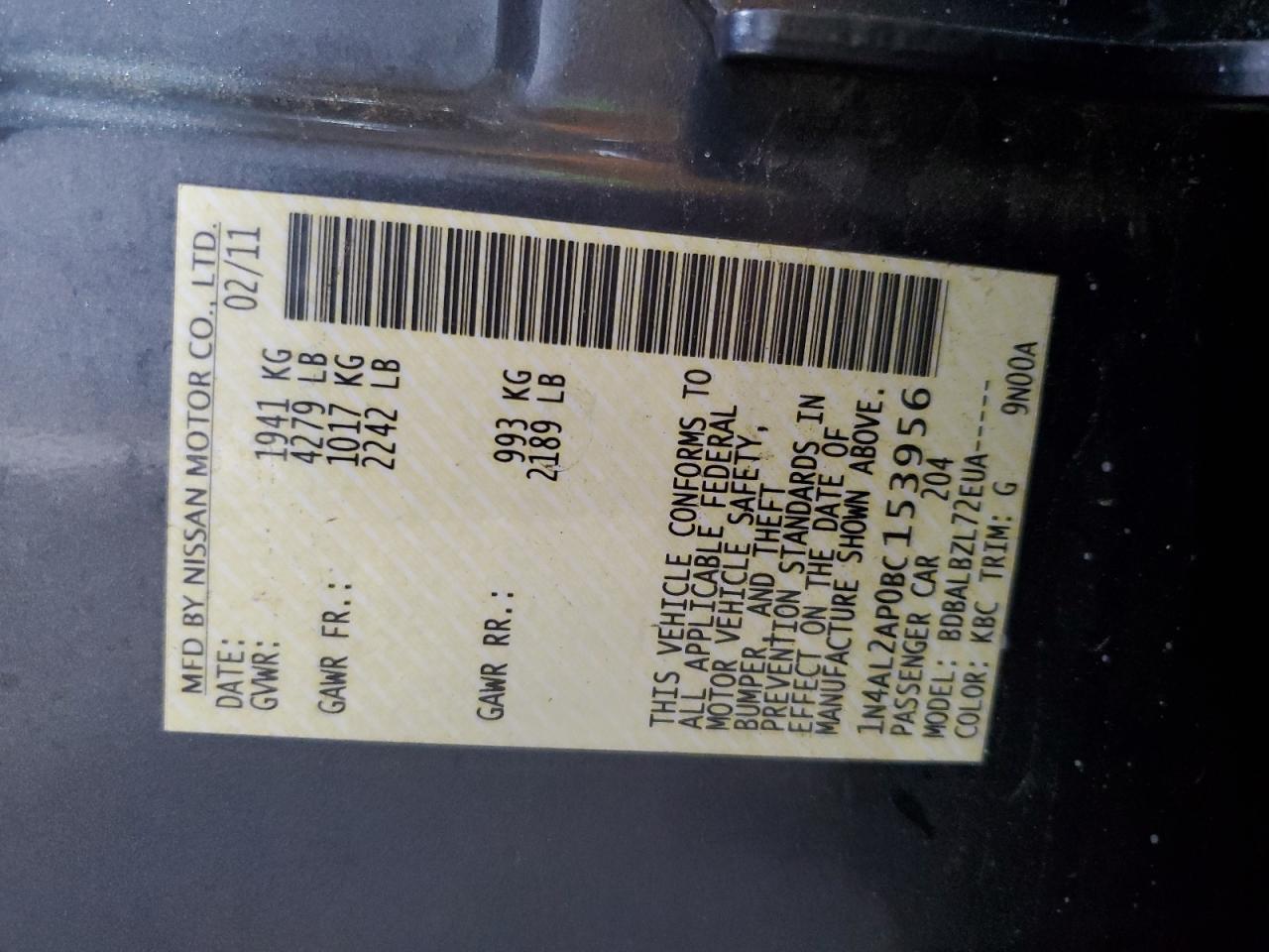 2011 Nissan Altima Base VIN: 1N4AL2AP0BC153956 Lot: 71522015