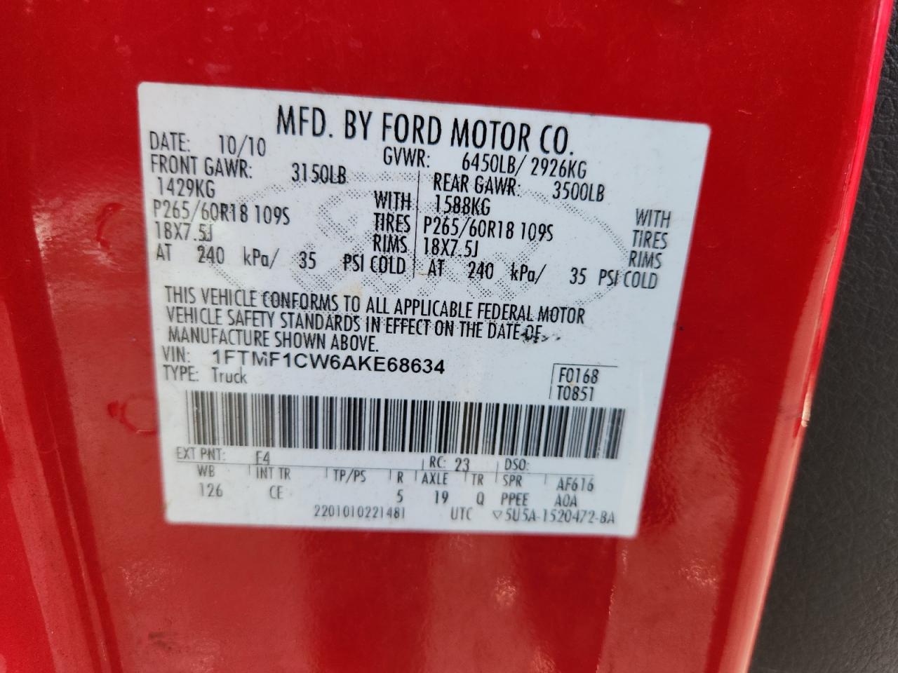 2010 Ford F150 VIN: 1FTMF1CW6AKE68634 Lot: 80445295