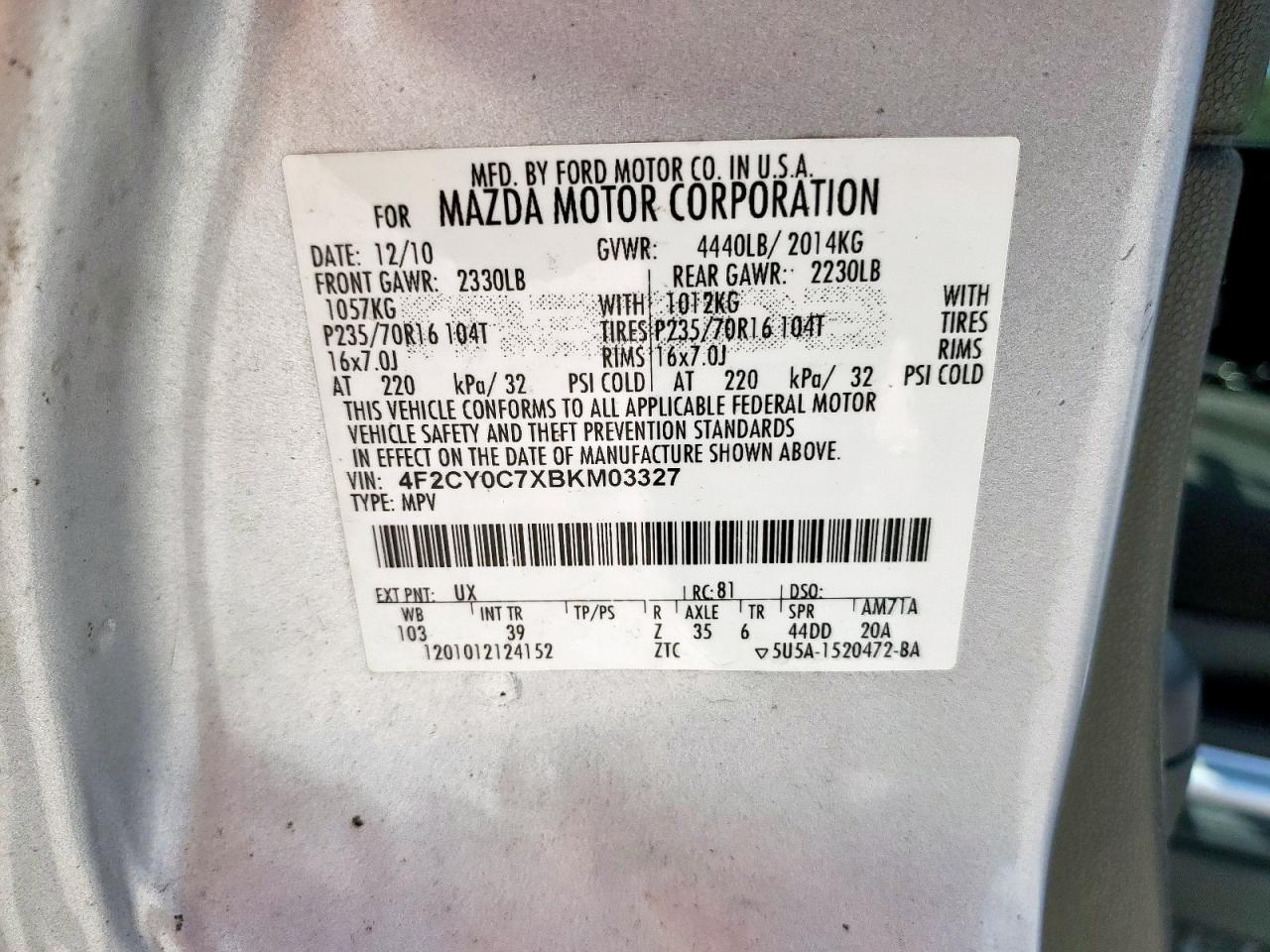 2011 Mazda Tribute I VIN: 4F2CY0C7XBKM03327 Lot: 80725365