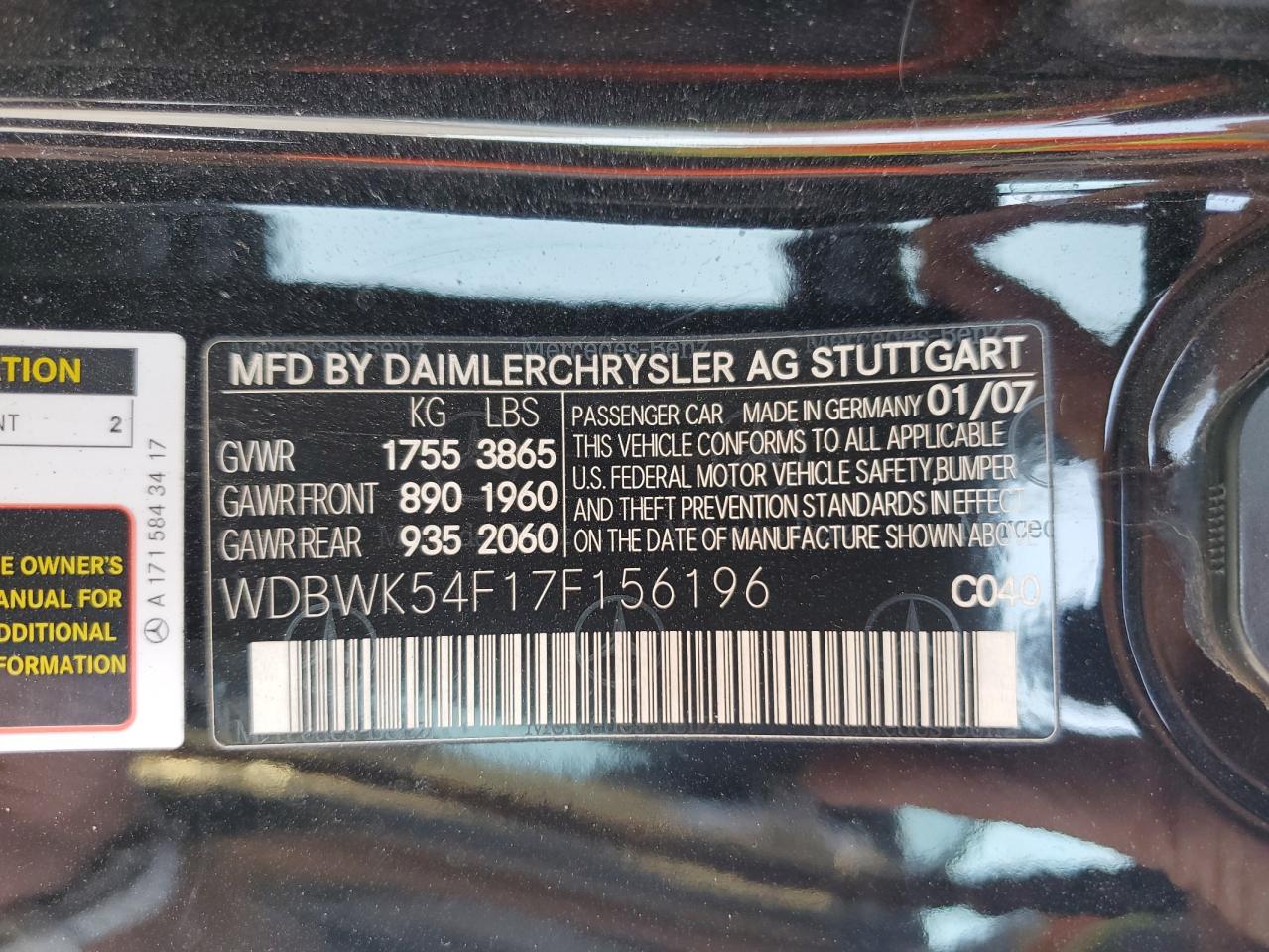 2007 Mercedes-Benz Slk 280 VIN: WDBWK54F17F156196 Lot: 81202445