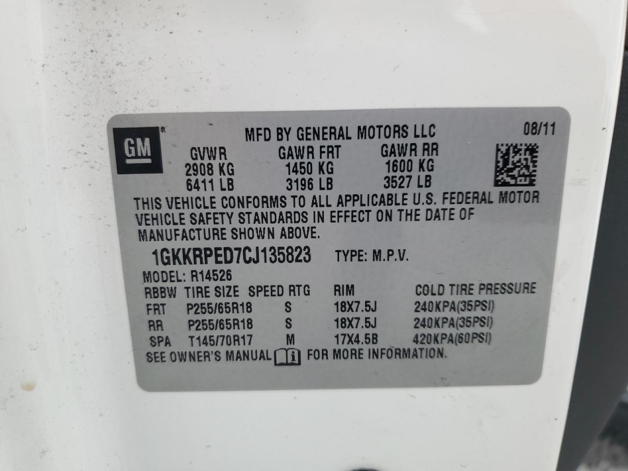 2012 GMC Acadia Sle VIN: 1GKKRPED7CJ135823 Lot: 72039785