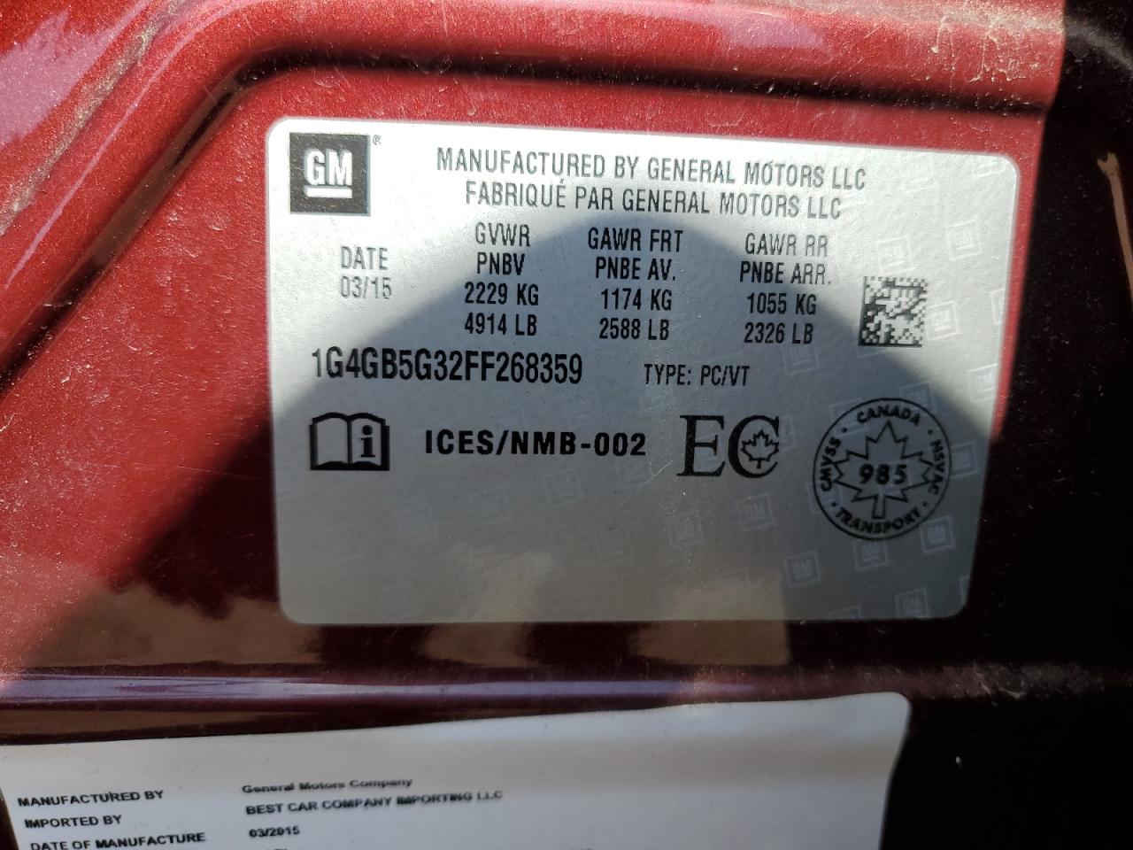 2015 Buick Lacrosse VIN: 1G4GB5G32FF268359 Lot: 71908815