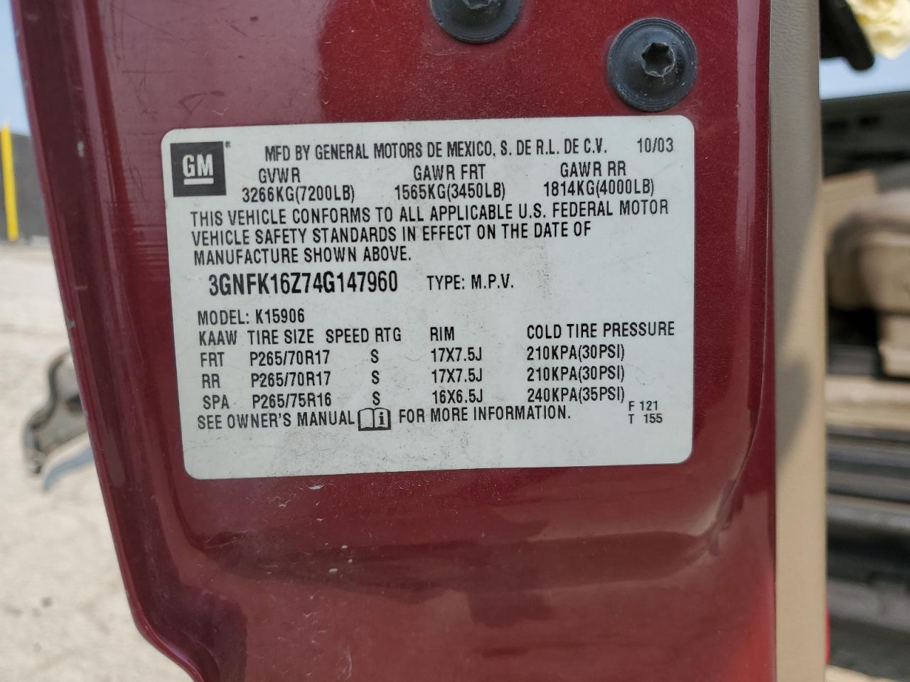 2004 Chevrolet Suburban K1500 VIN: 3GNFK16Z74G147960 Lot: 71699575