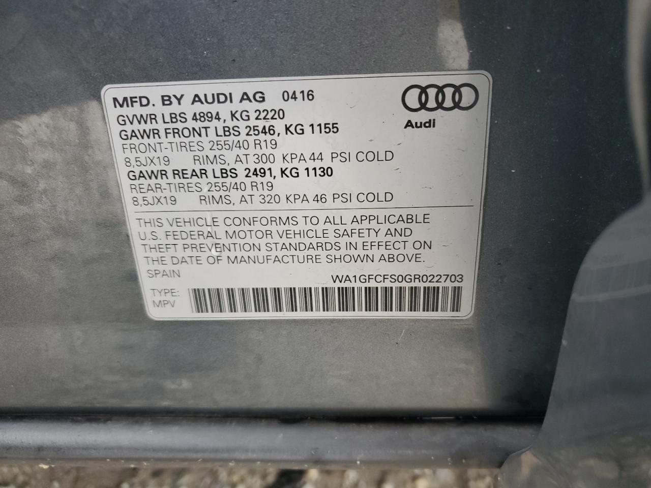 2016 Audi Q3 Prestige VIN: WA1GFCFS0GR022703 Lot: 81637115