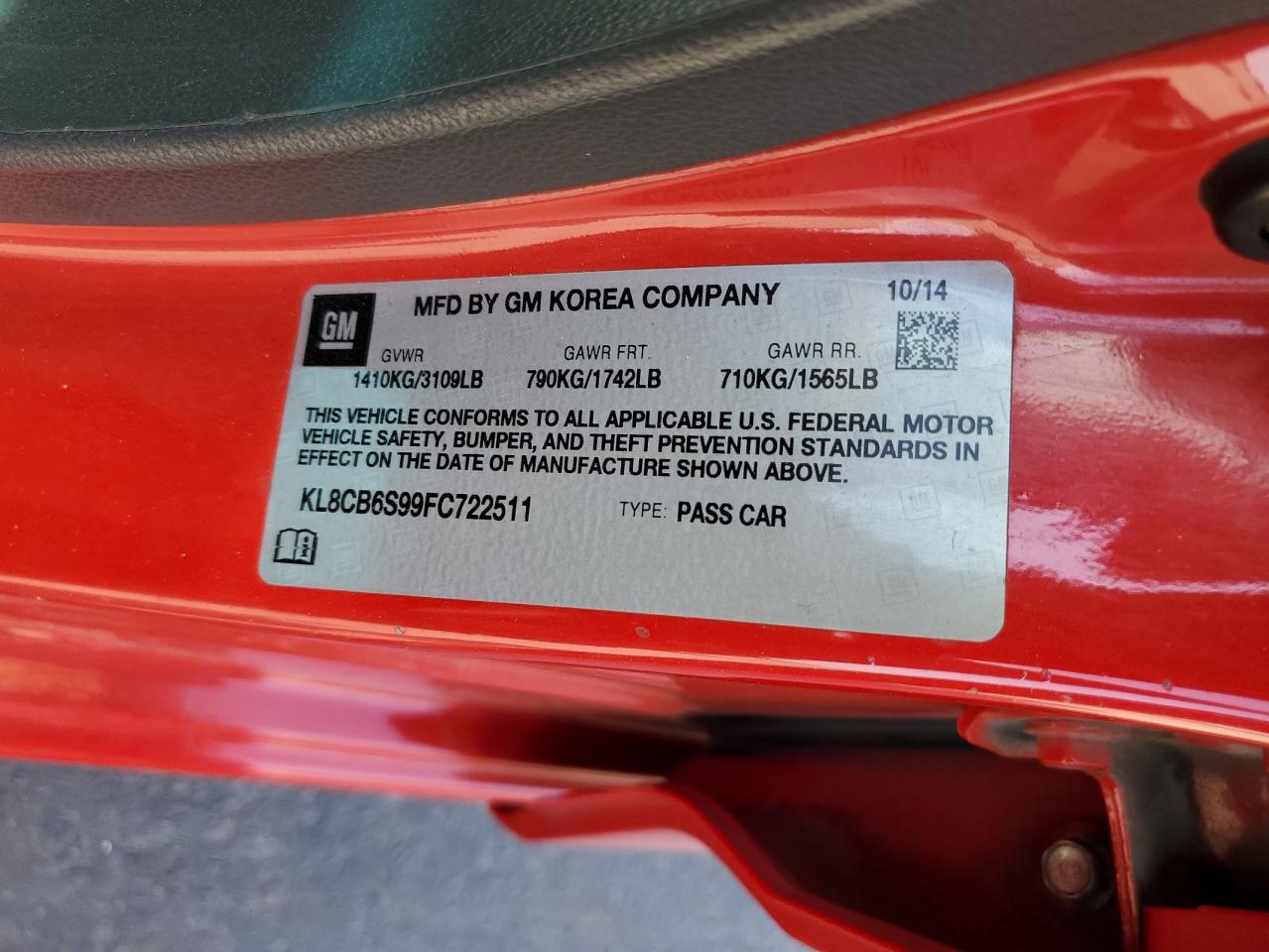 2015 Chevrolet Spark Ls VIN: KL8CB6S99FC722511 Lot: 80515985