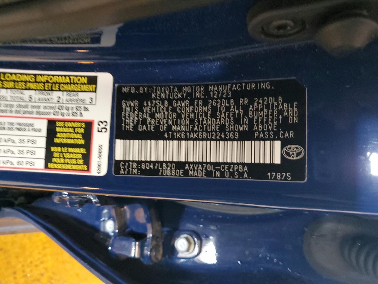 2024 Toyota Camry Xse VIN: 4T1K61AK6RU224369 Lot: 71409765