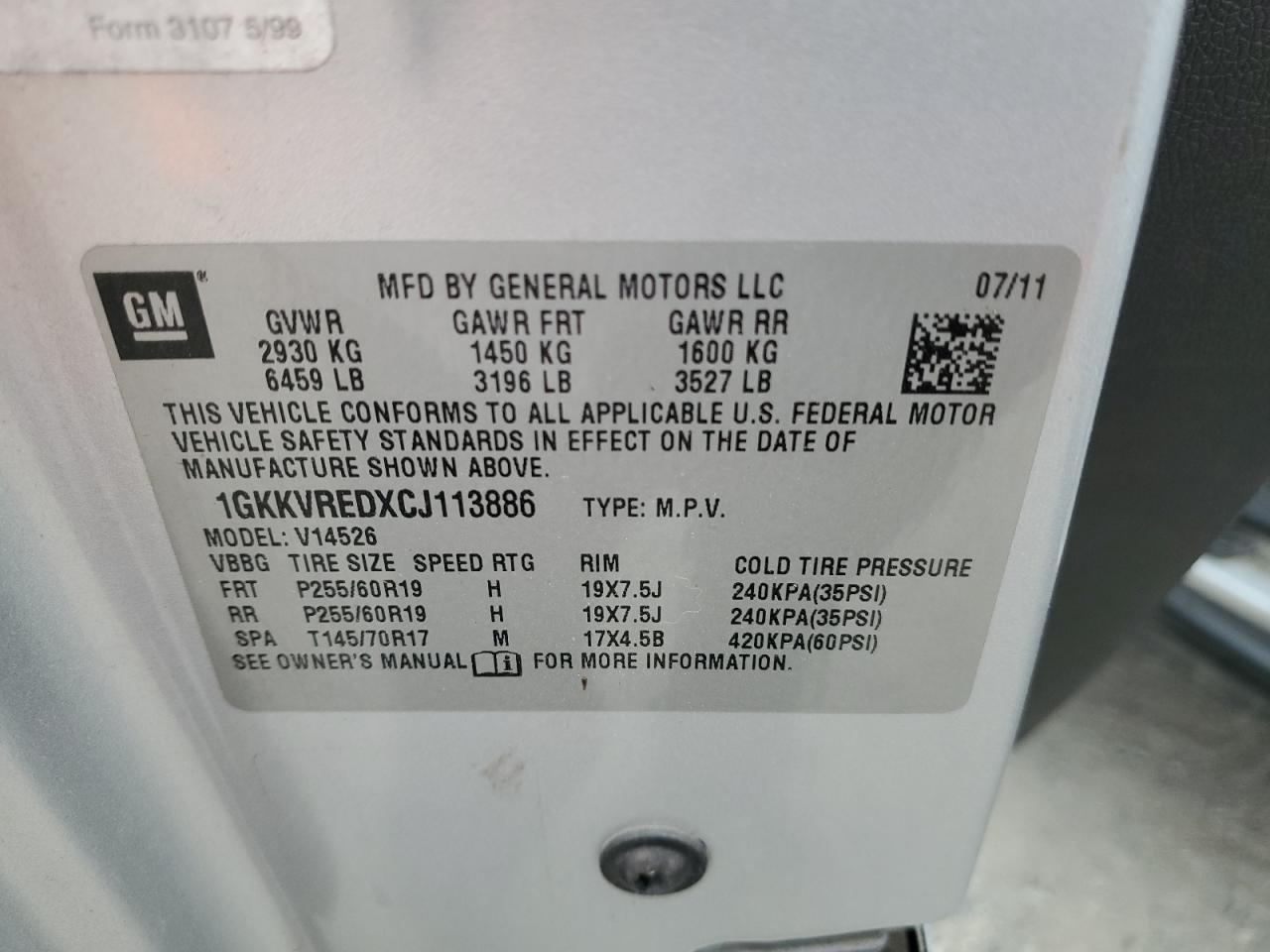 2012 GMC Acadia Slt-1 VIN: 1GKKVREDXCJ113886 Lot: 82150945