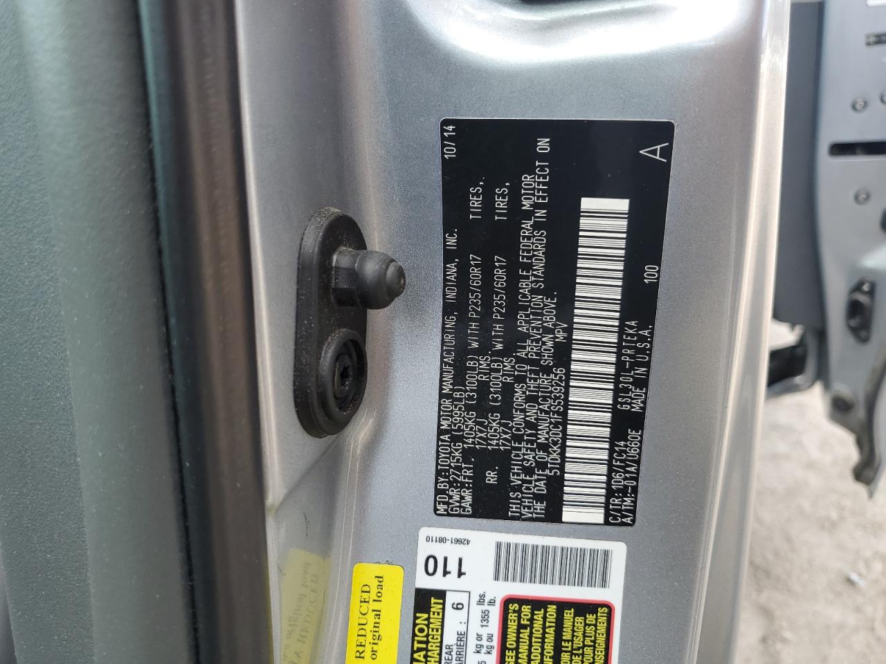 2015 Toyota Sienna Le VIN: 5TDKK3DC1FS539256 Lot: 84383585
